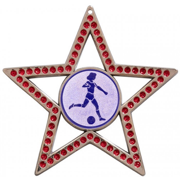 75MM FEMALE FOOTBALL STAR MEDAL - RED- SILVER